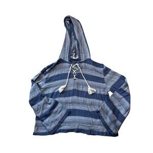 Roxy Women's Blue Gray Striped Lace Up Hooded Pullover Sweatshirt Size Medium